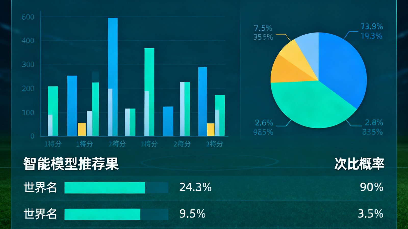 世界杯比分预测仪表盘，显示实时大众预测分布与智能模型推荐