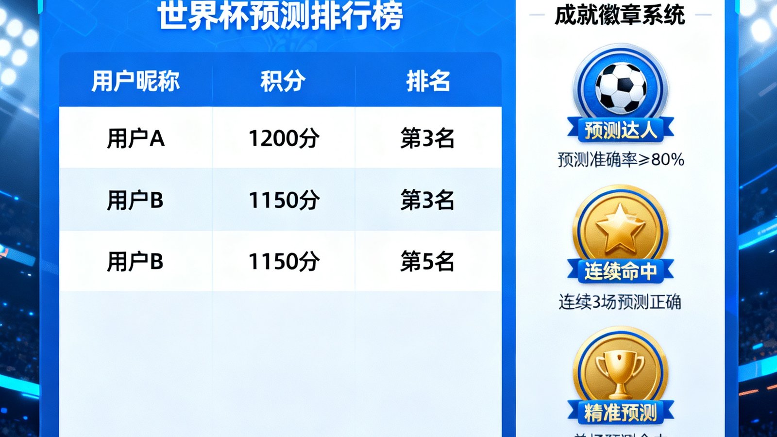 世界杯预测排行榜与成就徽章系统界面，显示积分和排名